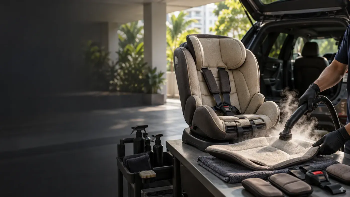 Detailer cleaning a detached child-seat fabric insert