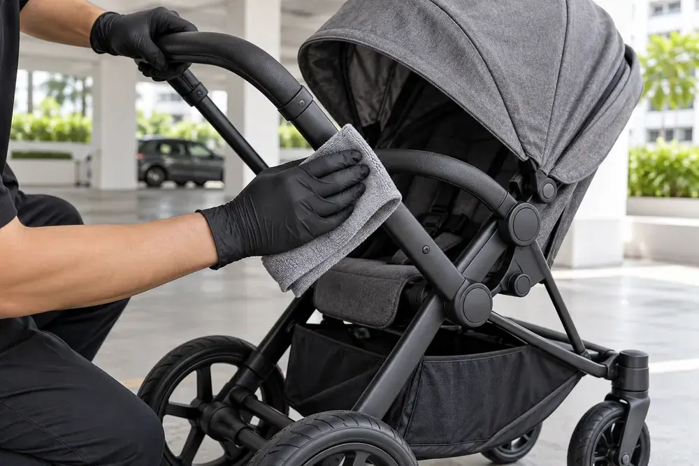 Gloved hands cleaning a pram frame