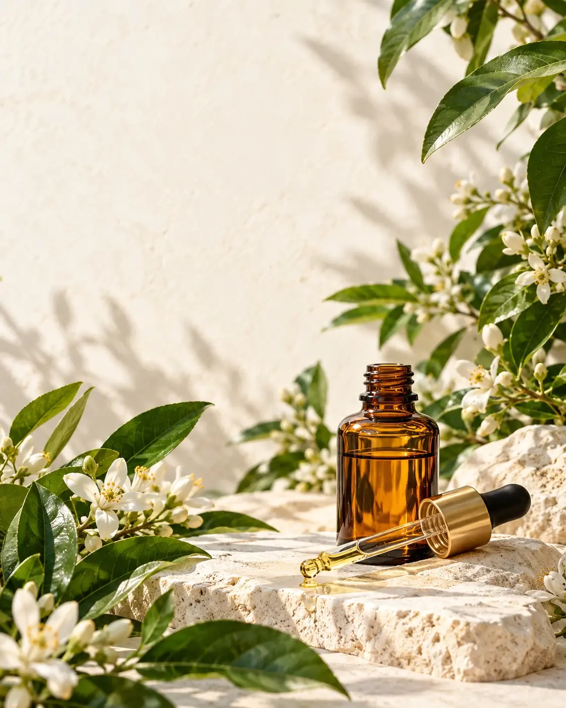 Botanical leaves and an amber essential-oil bottle