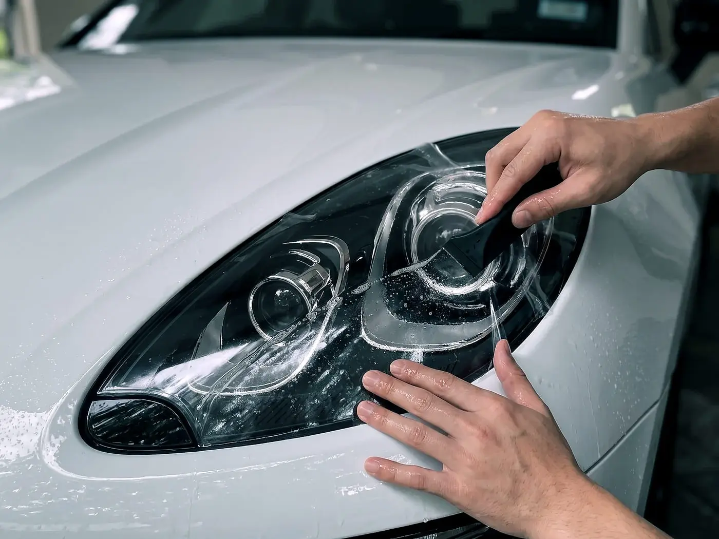 film being fitted to a headlight