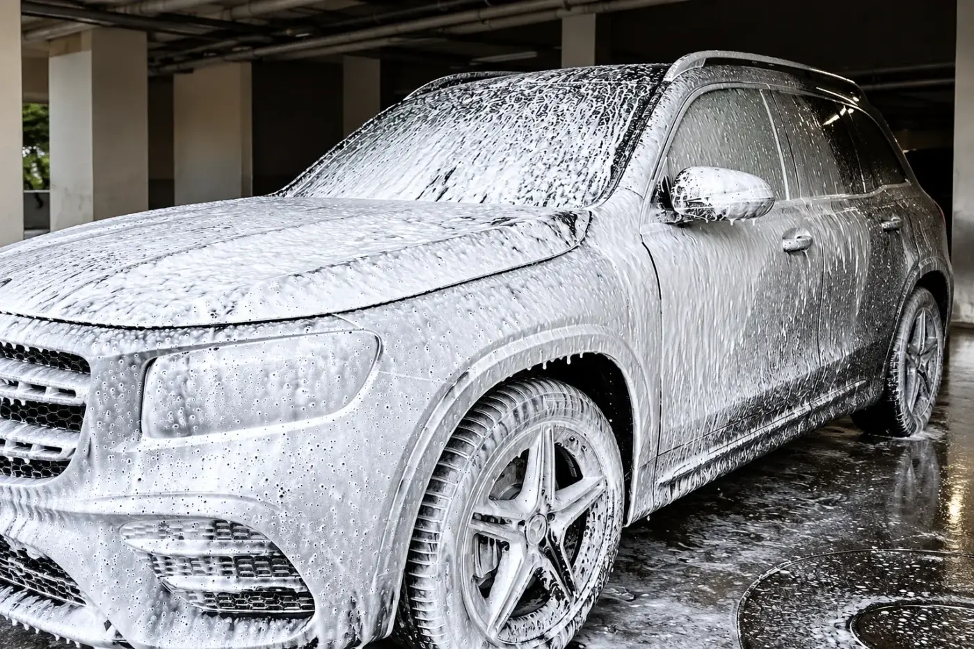 A car covered in foam during an exterior hand wash