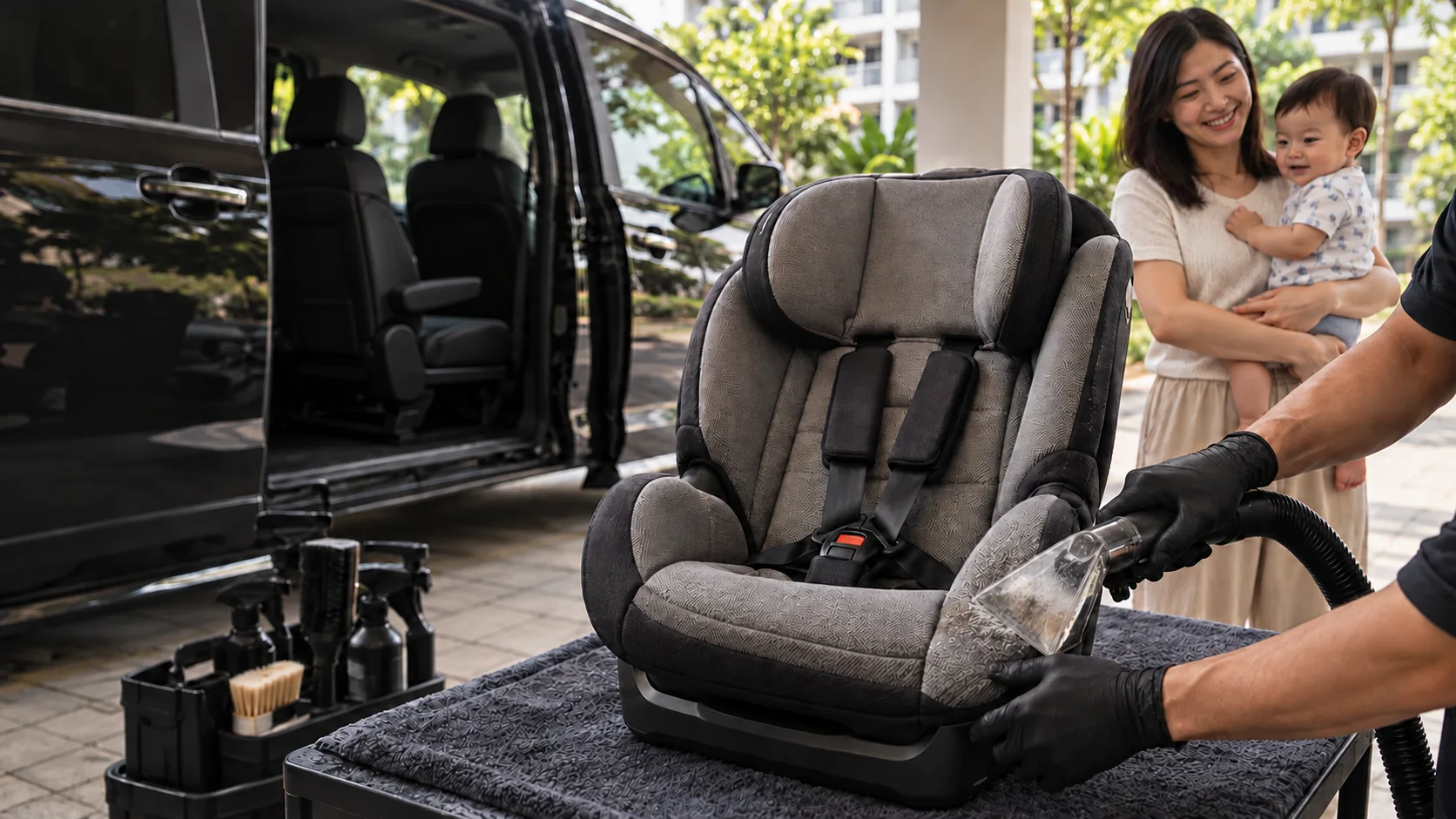 A technician cleaning a grey child seat, with a mother holding her baby beside a parked family MPV