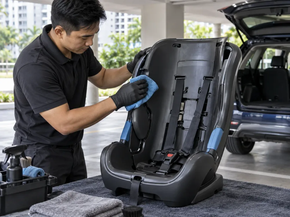 Detailer wiping a child-seat frame