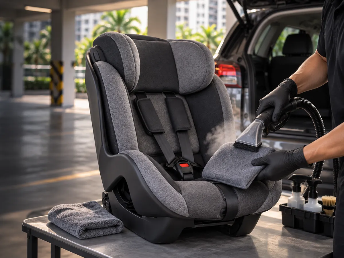 Gloved hands steam cleaning the fabric of a grey child seat