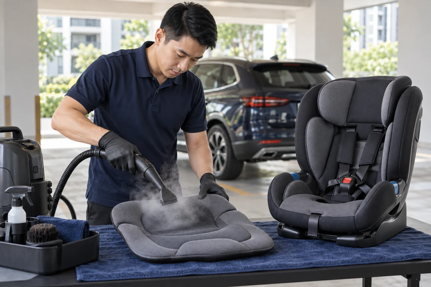 a detailer steam cleaning a detached child-seat fabric cushion, away from the harness and buckles